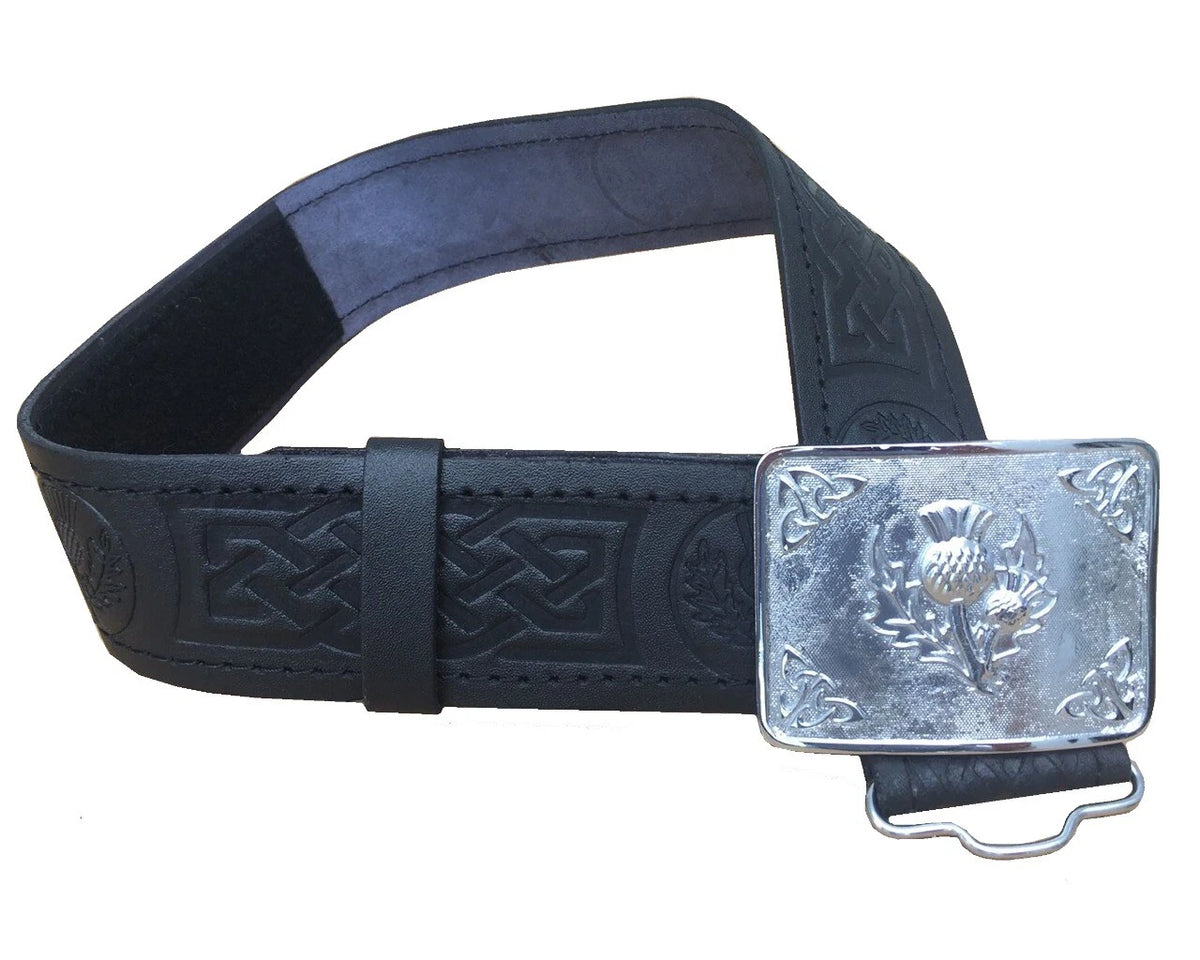 Leather Thistle Design Kilt Belt Black Scottish Chrome Finish Thistle Buckle