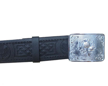 Leather Thistle Design Kilt Belt Black Scottish Chrome Finish Thistle Buckle
