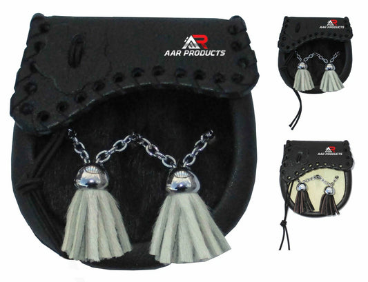 Baby Scottish Cowhide Leather Fur Sporran with Tassels Flap Celtic Design AAR