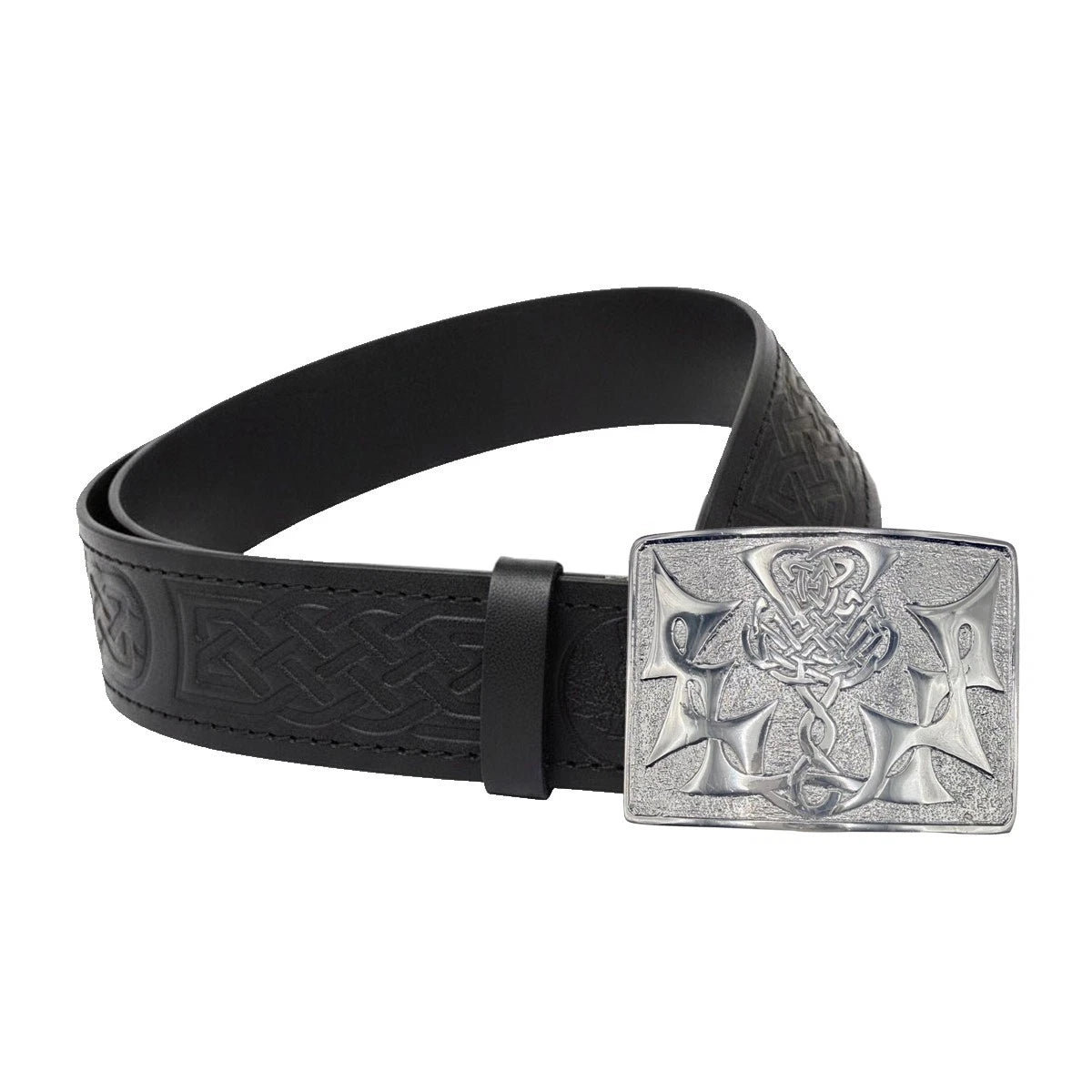 Leather Thistle Design Kilt Belt Black Scottish Chrome Finish Buckle Buckle