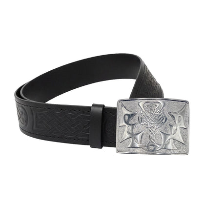 Leather Thistle Design Kilt Belt Black Scottish Chrome Finish Buckle Buckle