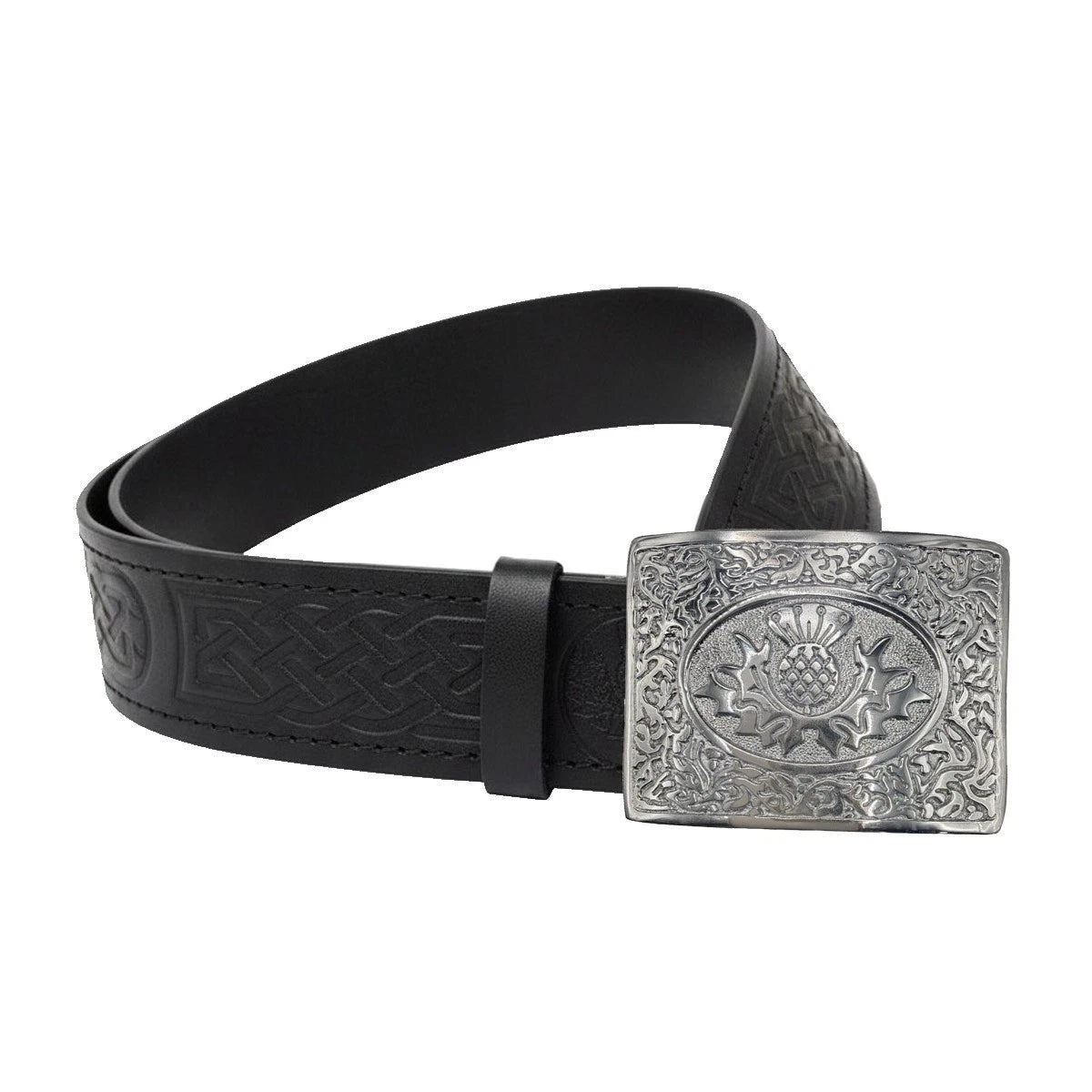 Leather Thistle Design Kilt Belt Black Scottish Chrome Finish Buckle Buckle