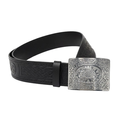 Leather Thistle Design Kilt Belt Black Scottish Chrome Finish Buckle Buckle