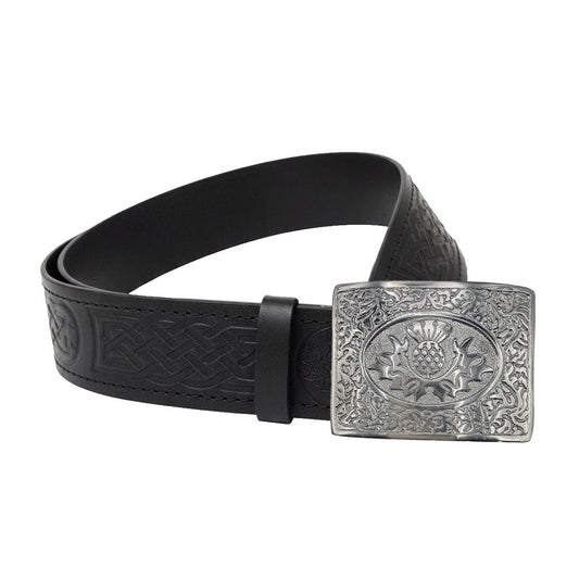 Leather Thistle Design Kilt Belt Black Scottish Chrome Finish Buckle Buckle