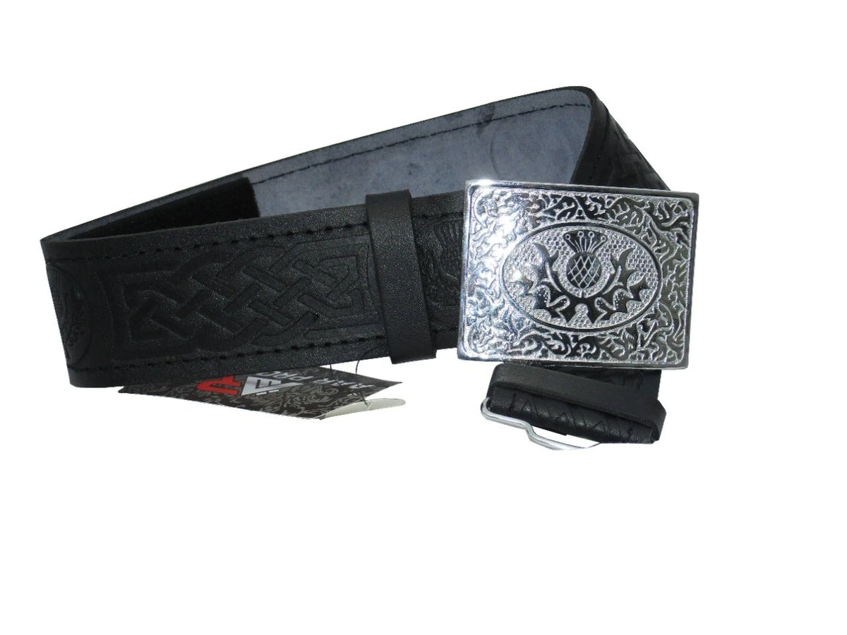 Leather Thistle Design Kilt Belt Black Scottish Chrome Finish Buckle Buckle
