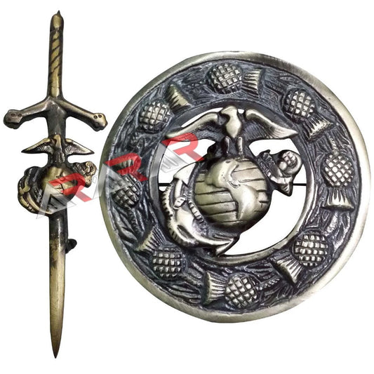 US Marine Kilt Pin & Brooch Badge Set Fly Plaid High Quality Antique Finish