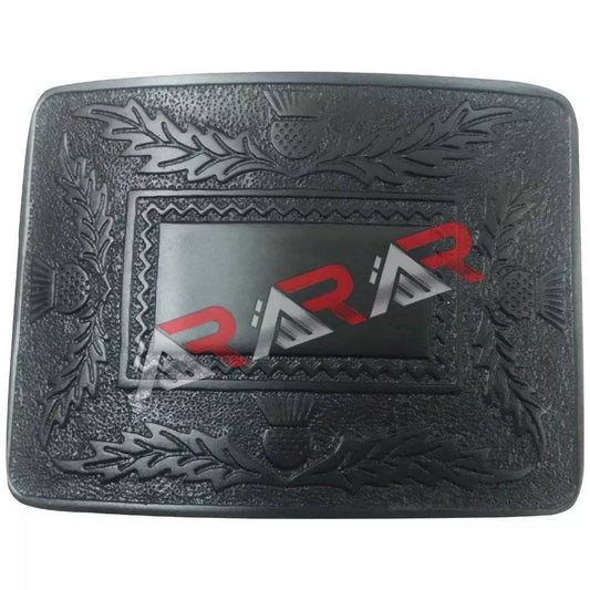 AAR Brand New Celtic Thistle Kilt Buckle in Antique Chrome Jet Black Plated Mirror Design