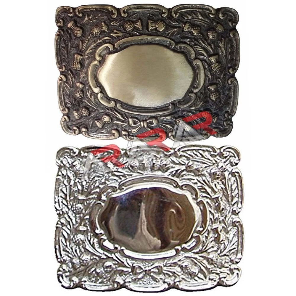 Highland Piper Thistle Design Kilt Belt Buckle Brass Bronze / Chrome Finish