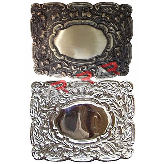 Highland Piper Thistle Design Kilt Belt Buckle Brass Bronze / Chrome Finish