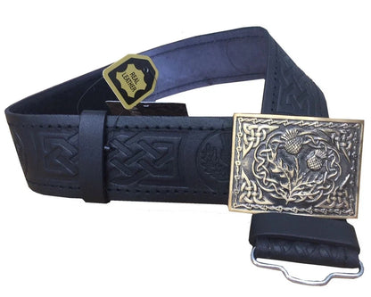 Leather Thistle Design Kilt Belt Black Scottish Antique Finish with Buckle