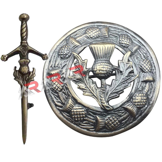 Thistle Kilt Pin Brooch Set Fly Plaid High Quality Antique Finish