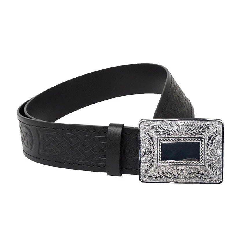 Leather Thistle Design Kilt Belt Black Scottish Chrome Finish with Buckle