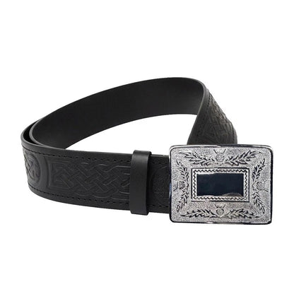 Leather Thistle Design Kilt Belt Black Scottish Chrome Finish with Buckle