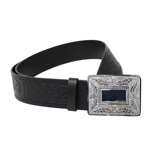 Leather Thistle Design Kilt Belt Black Scottish Chrome Finish with Buckle