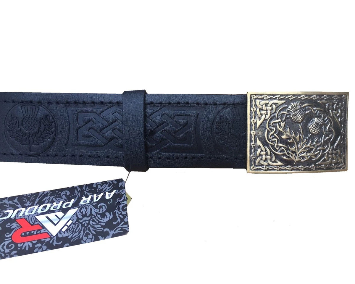 Leather Thistle Design Kilt Belt Black Scottish Antique Finish with Buckle