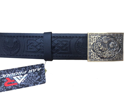 Leather Thistle Design Kilt Belt Black Scottish Antique Finish with Buckle