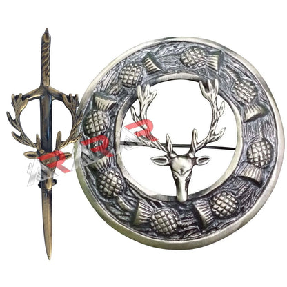Stag Head Set Kilt Pin & Brooch Fly Plaid High Quality Antique