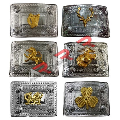 AAR Scottish Kilt Belt Buckle Celtic Design with Different Gold Badges Chrome Finish