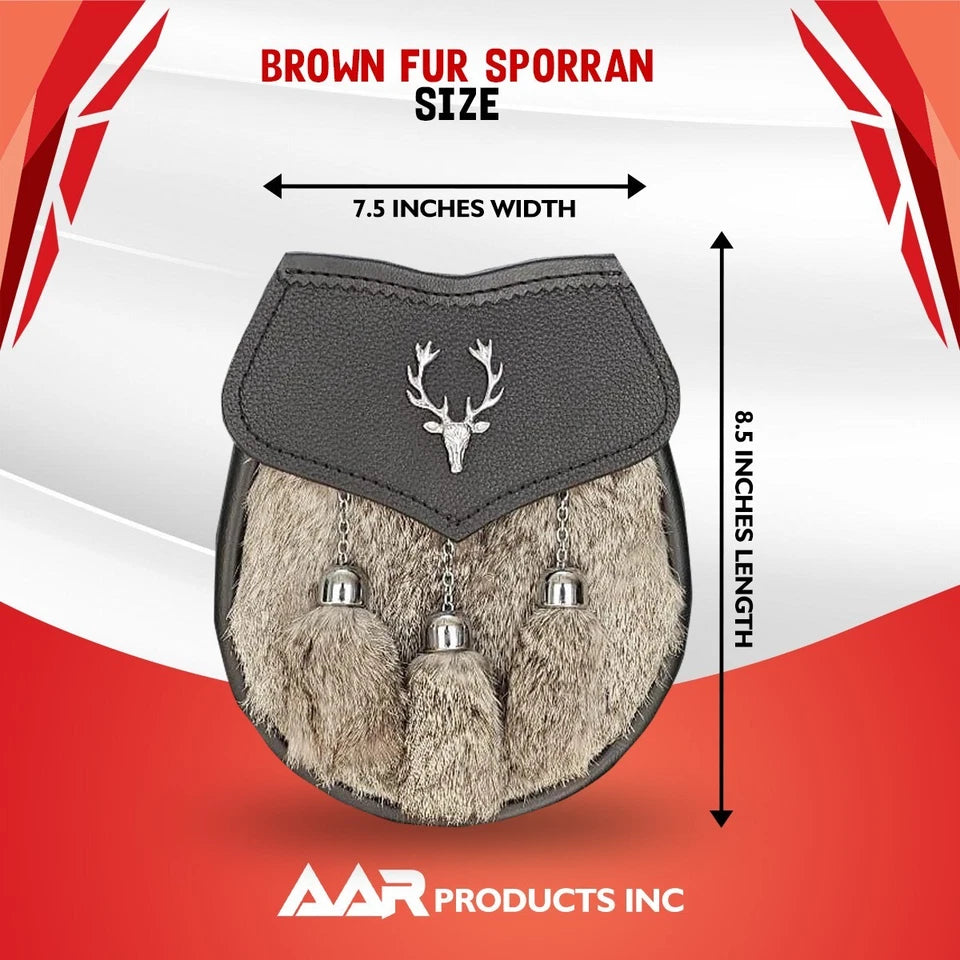 AAR Mens Semi Dress Sporran Brown Rabbit Formal Fur 3 Tassels Leather Belt Chain