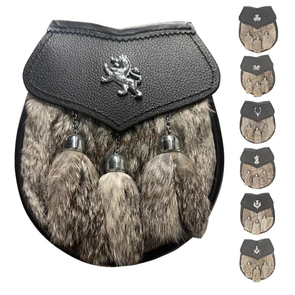 Mens Semi Dress Sporran Brown Rabbit Formal Fur 3 Tassels Leather Belt Chain