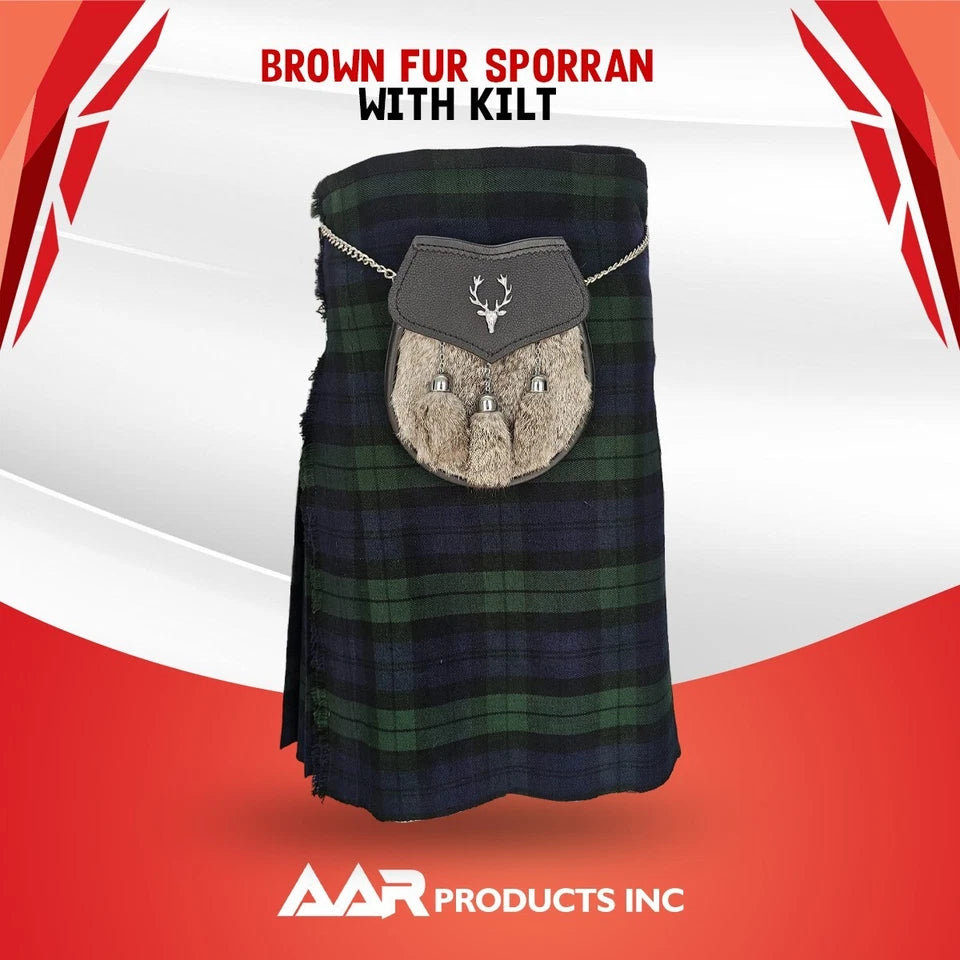 AAR Mens Semi Dress Sporran Brown Rabbit Formal Fur 3 Tassels Leather Belt Chain