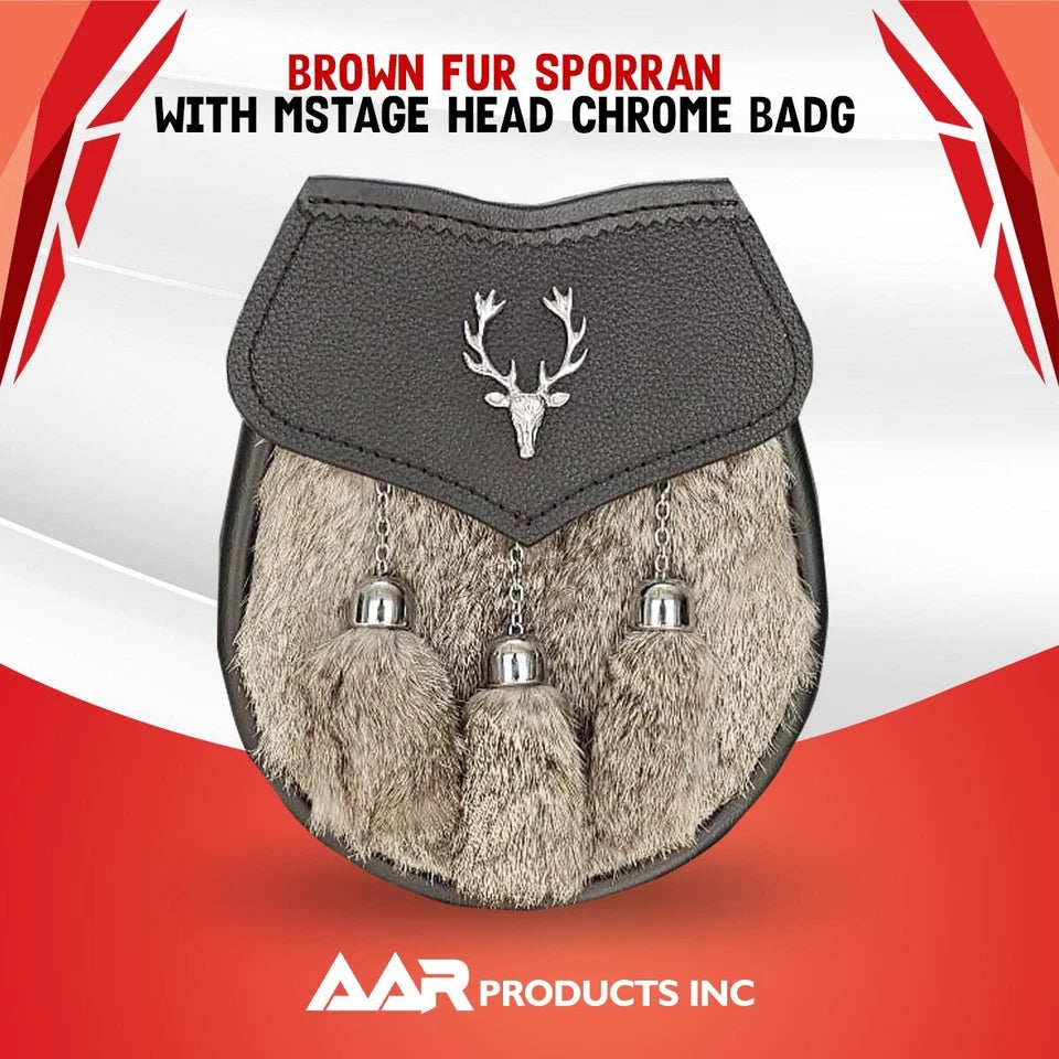 AAR Mens Semi Dress Sporran Brown Rabbit Formal Fur 3 Tassels Leather Belt Chain