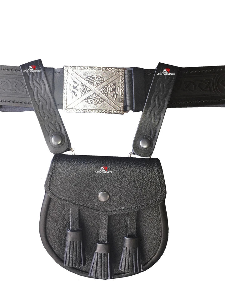 Pair of Leather Sporran Suspenders Celtic Embossed Design Heavy Hooks