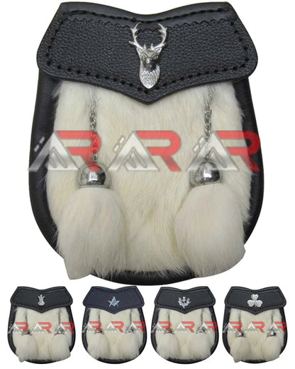 Baby Sporran White Rabbit Fur 2 Tassels Free Leather Belt Chain Multi Design AAR