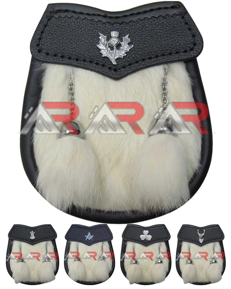 Baby Sporran White Rabbit Fur 2 Tassels Free Leather Belt Chain Multi Design AAR