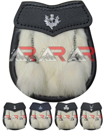 Baby Sporran White Rabbit Fur 2 Tassels Free Leather Belt Chain Multi Design AAR
