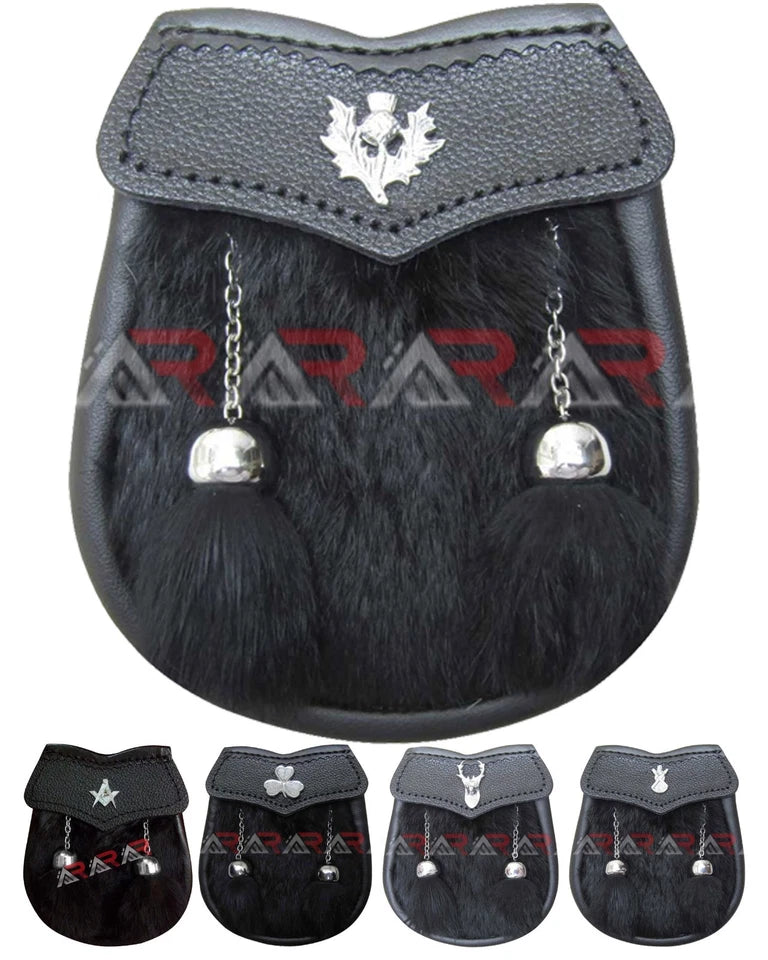Baby Sporran Black Rabbit Fur 2 Tassels Free Leather Belt Chain Multi Design AAR