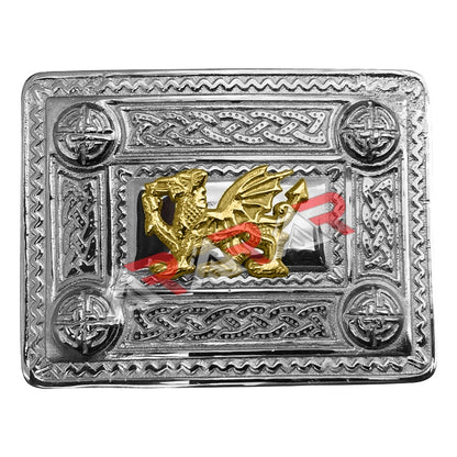 AAR Scottish Kilt Belt Buckle Celtic Design with Different Gold Badges Chrome Finish