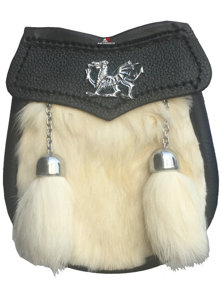 Baby Sporran White Rabbit Fur 2 Tassels Free Leather Belt Chain Multi Design AAR