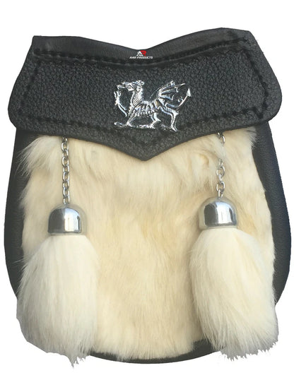 Baby Sporran White Rabbit Fur 2 Tassels Free Leather Belt Chain Multi Design AAR